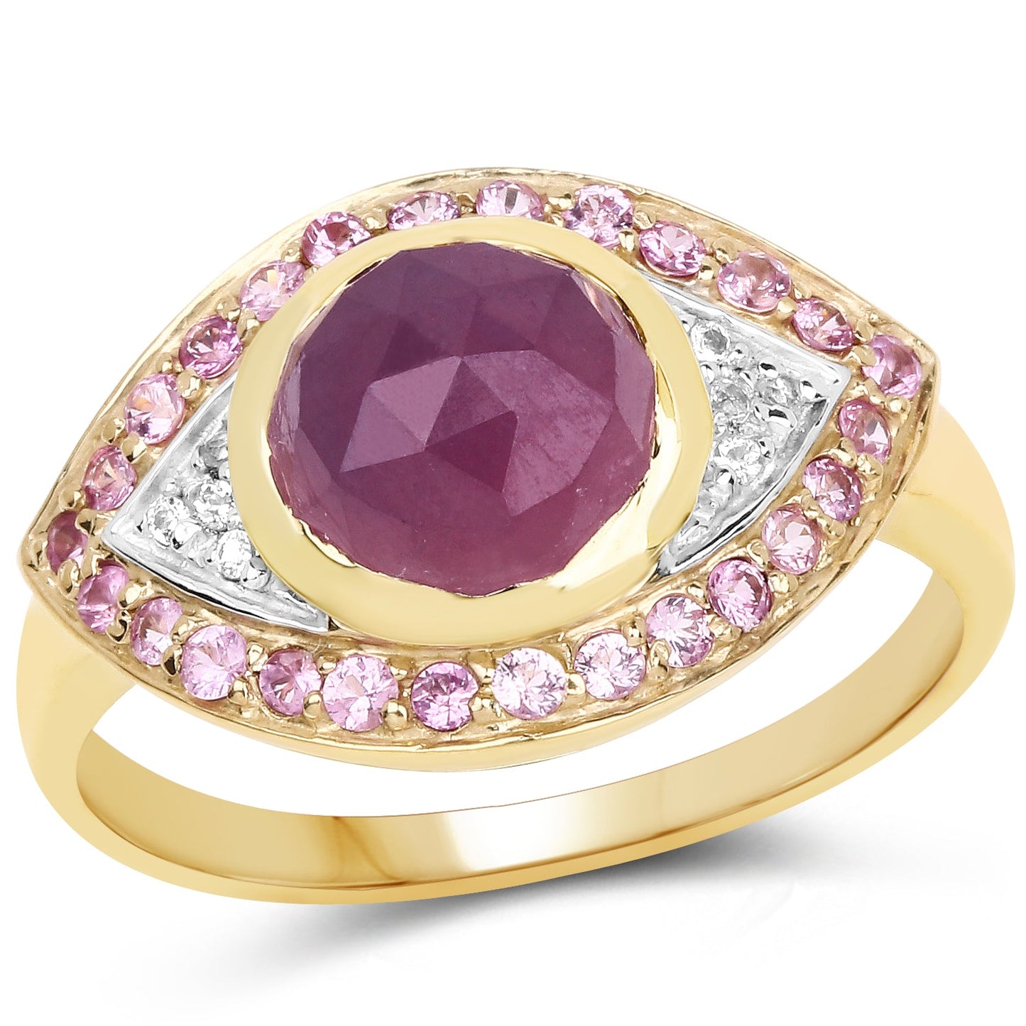 Anillo de Zafiro Rosa y Topacio Blanco Bañado en Oro Amarillo de 14K