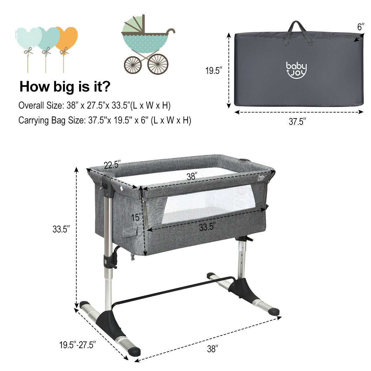 Travel Portable Baby Bed Side Sleeper Bassinet Crib - Gray