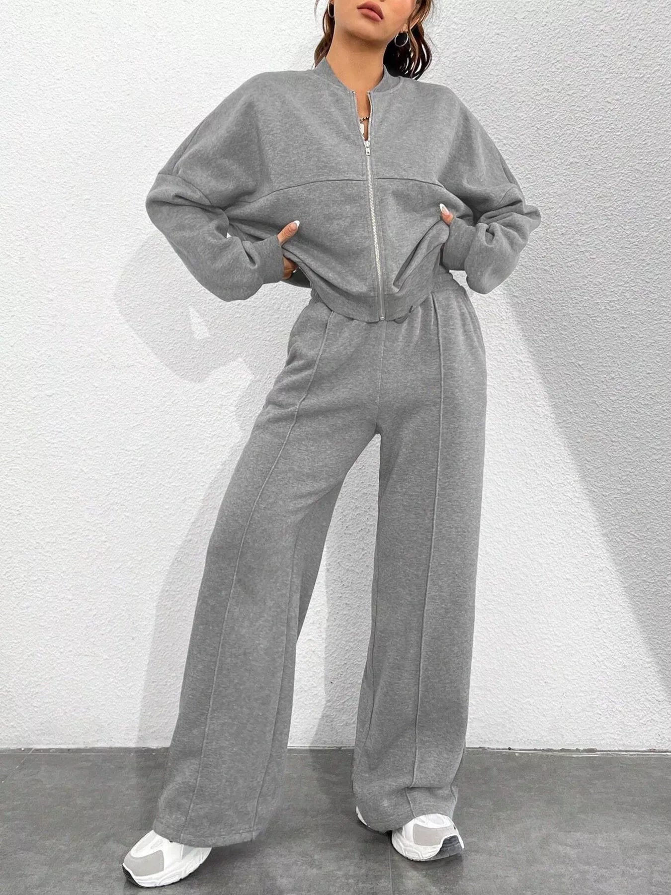 Ensemble de Veste Zippée en Couleur Unie et Pantalons à Jambes Larges