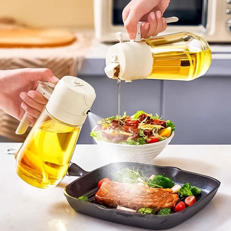 Distributeur de vaporisateur d'huile d'olive 470ML - Bouteille en verre 2-en-1 pour la cuisine