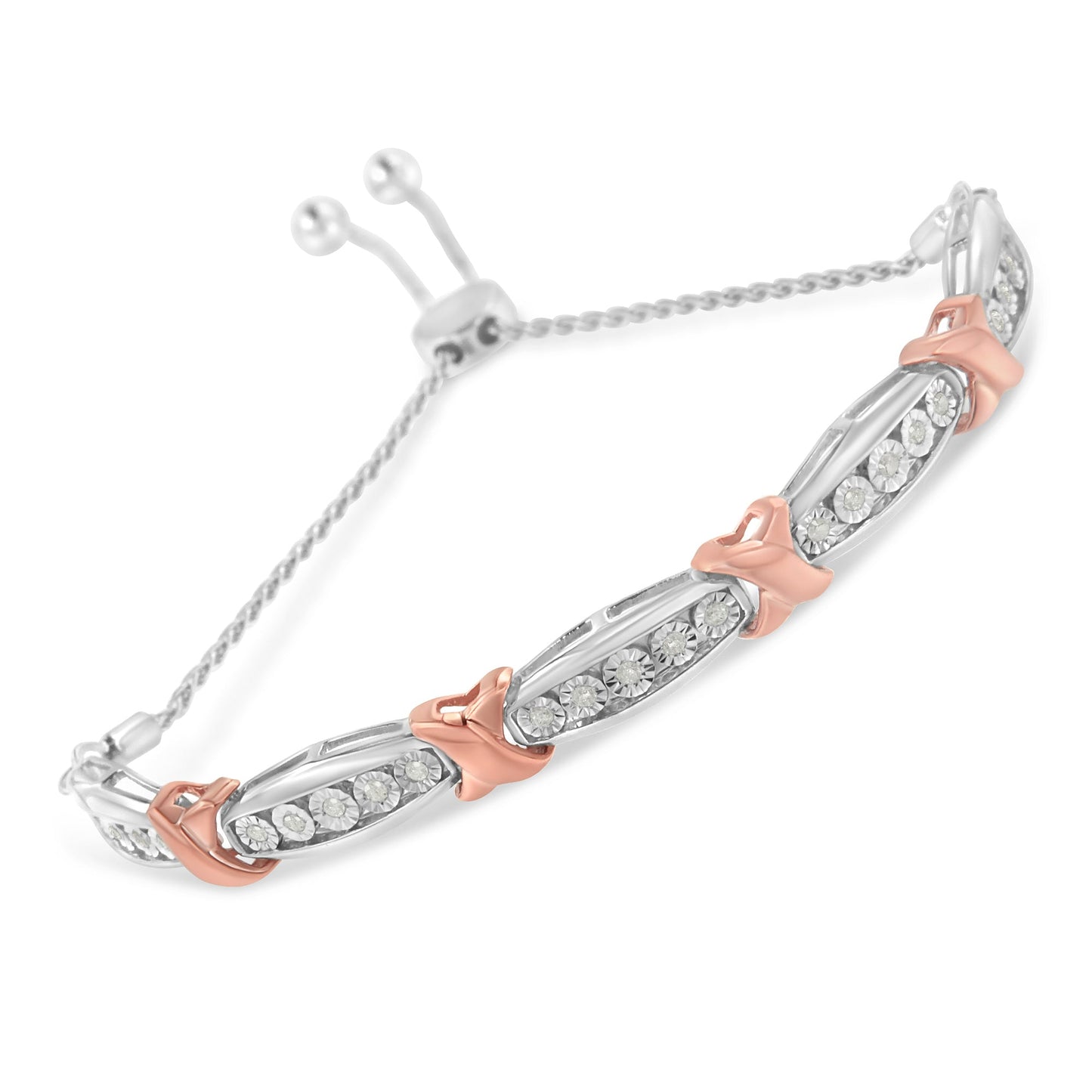 Pulsera Bolo de Diamantes de Plata Esterlina .925 en Dos Tonos de Oro Rosa