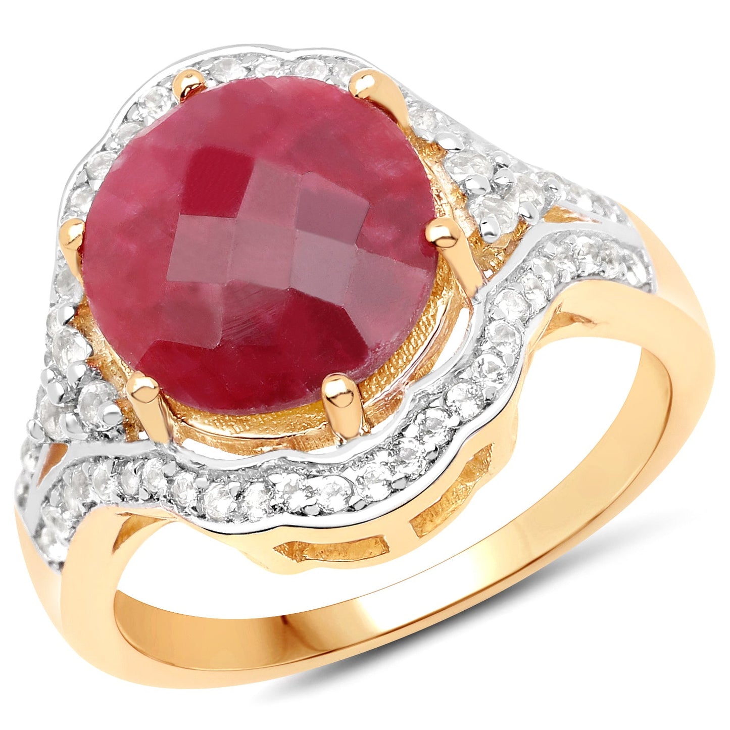 Anillo de Rubí y Topacio Blanco Bañado en Oro Amarillo de 14K