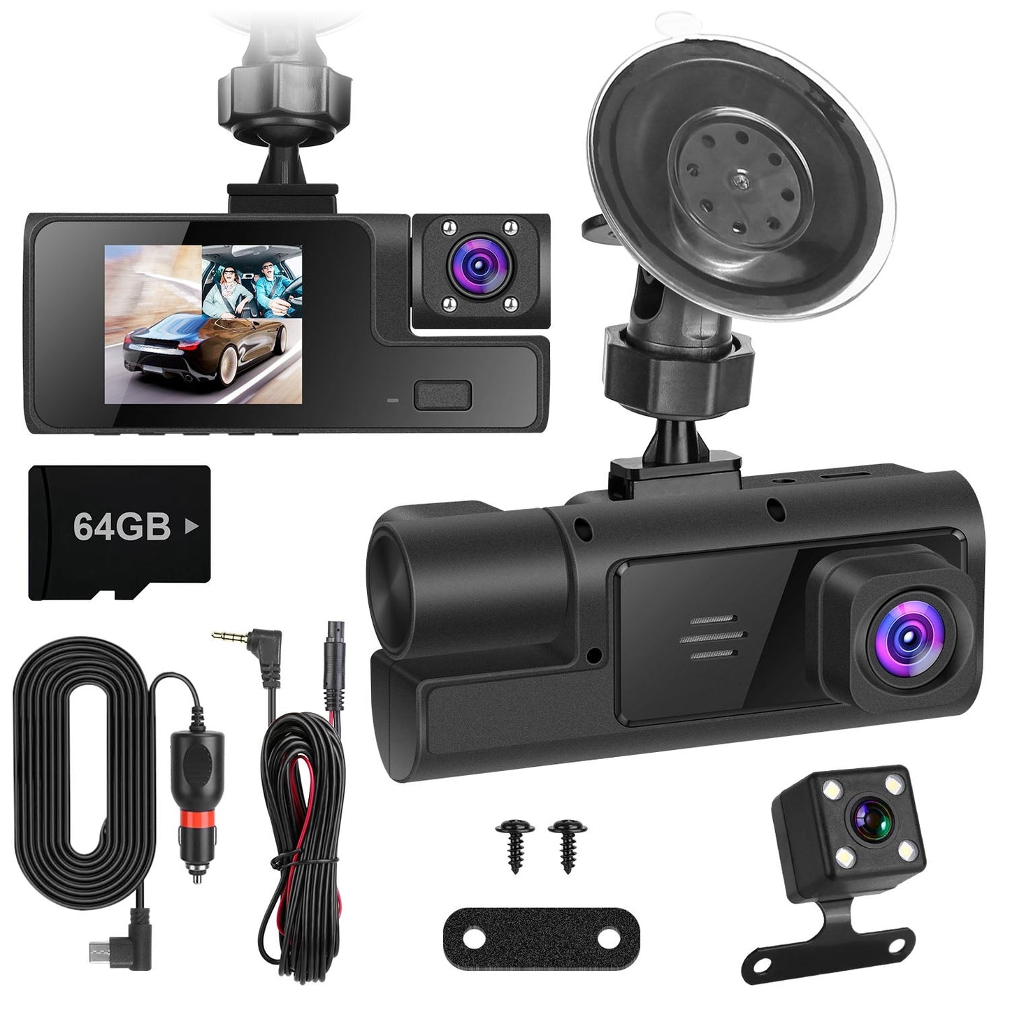 WiFi FHD 1080P 3-Channel Car Dash Cam with 64G Card