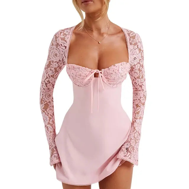 Vestido de Fiesta de Encaje Rosa de Lujo Elegante para Mujeres