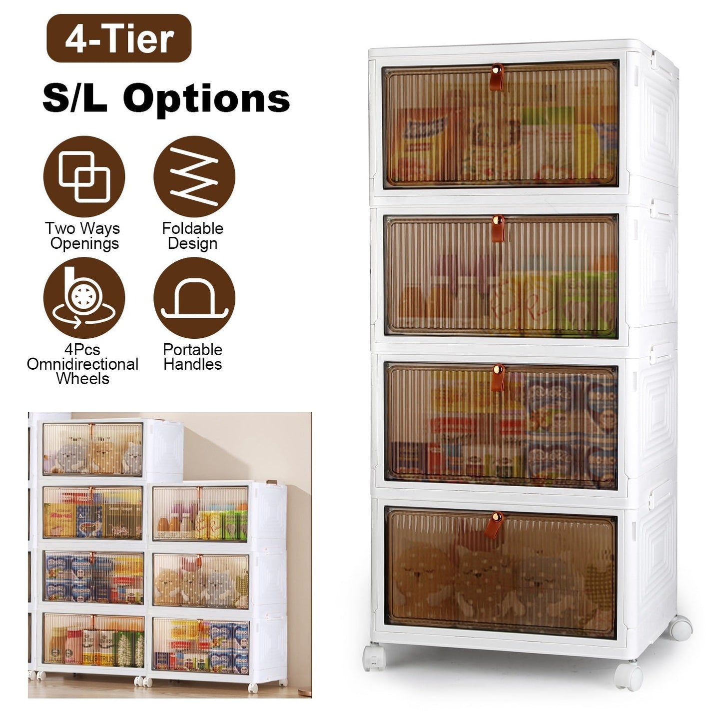 4-Tier Foldable Storage Bins with Magnetic Doors & Wheels