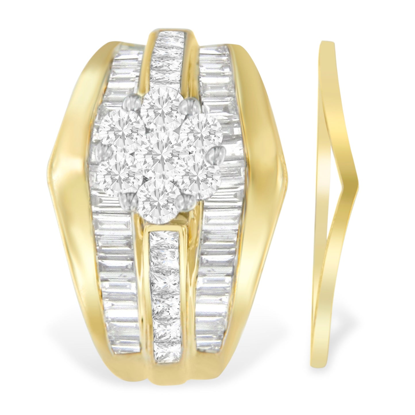 Ensemble de Bagues de Fiançailles en Or Jaune 14K avec Diamants en Cluster en Forme de Chevron - Tai