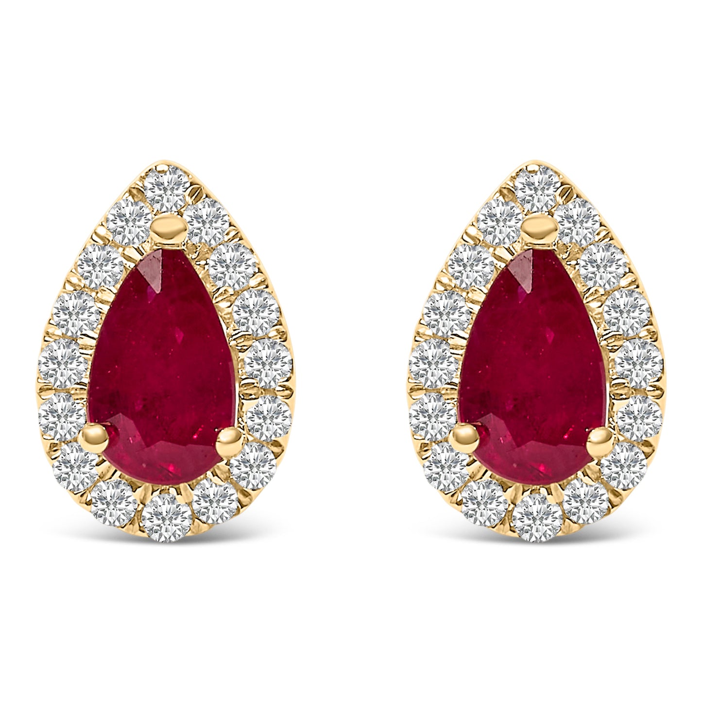 Pendientes de Stud Halo de Rubí y Diamante en Oro Amarillo de 10K