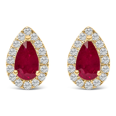 10K Yellow Gold Pear-Cut Ruby & Diamond Halo Stud Earrings
