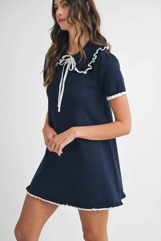 Ruffle Trimmed Collar Fine Knit Mini Dress for Women