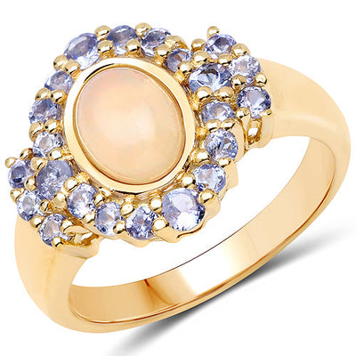 14K Yellow Gold Plated Ethiopian Opal & Tanzanite Cocktail Ring