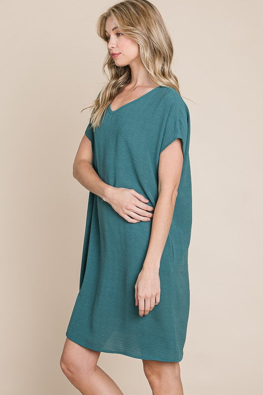 V-Neck Short Sleeve Dress with Pockets