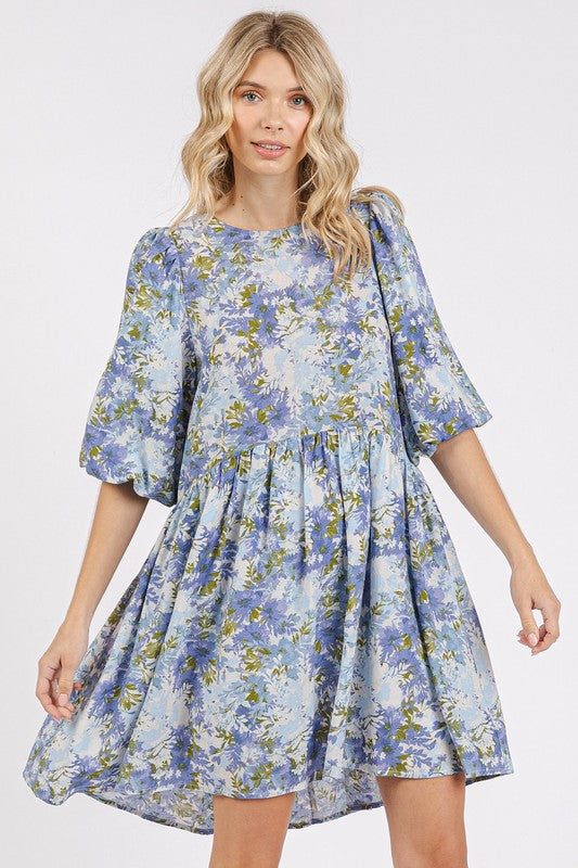 Robe Mini Babydoll en Lin Mélangé à Imprimé Floral d'Été