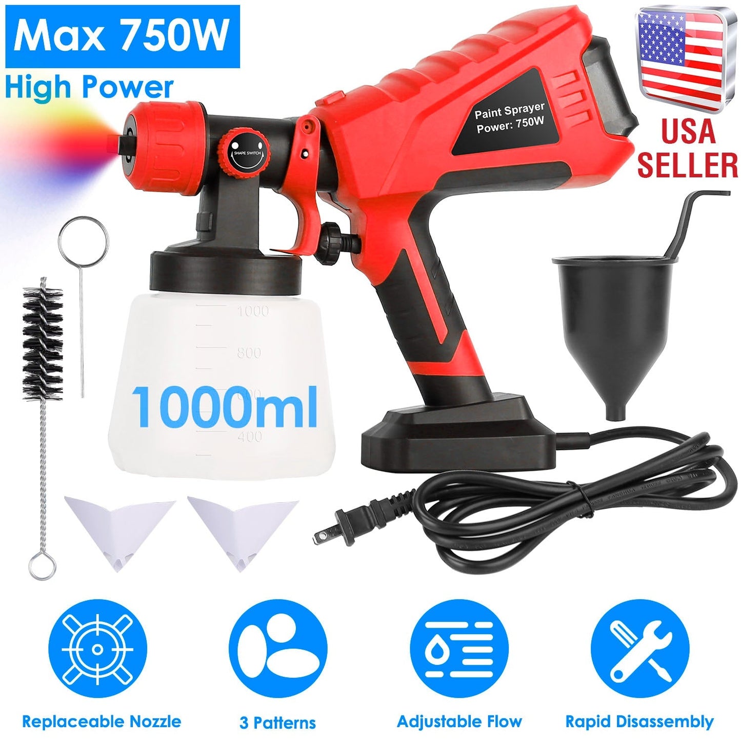 Pulverizador de pintura eléctrico HVLP de 750W con 3 patrones de pulverización