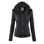 Women's Detachable Lapel Long Sleeve Solid Color Zipper Leather Jacket Coat - Korvel