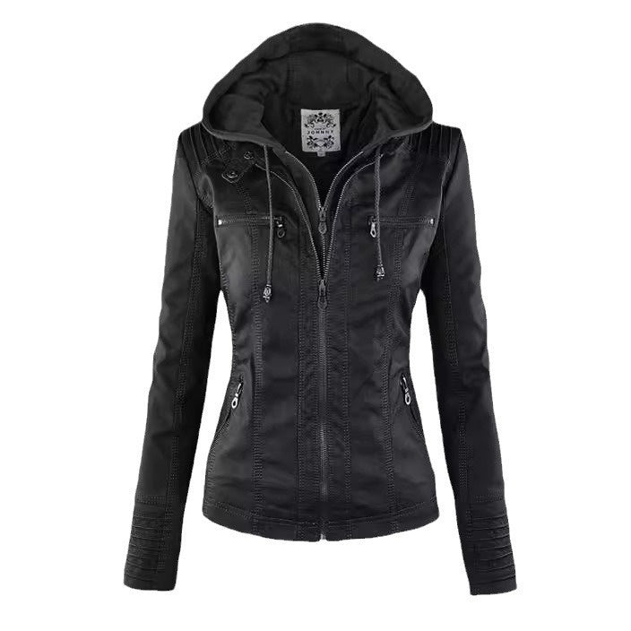 Women's Detachable Lapel Long Sleeve Solid Color Zipper Leather Jacket Coat - Korvel