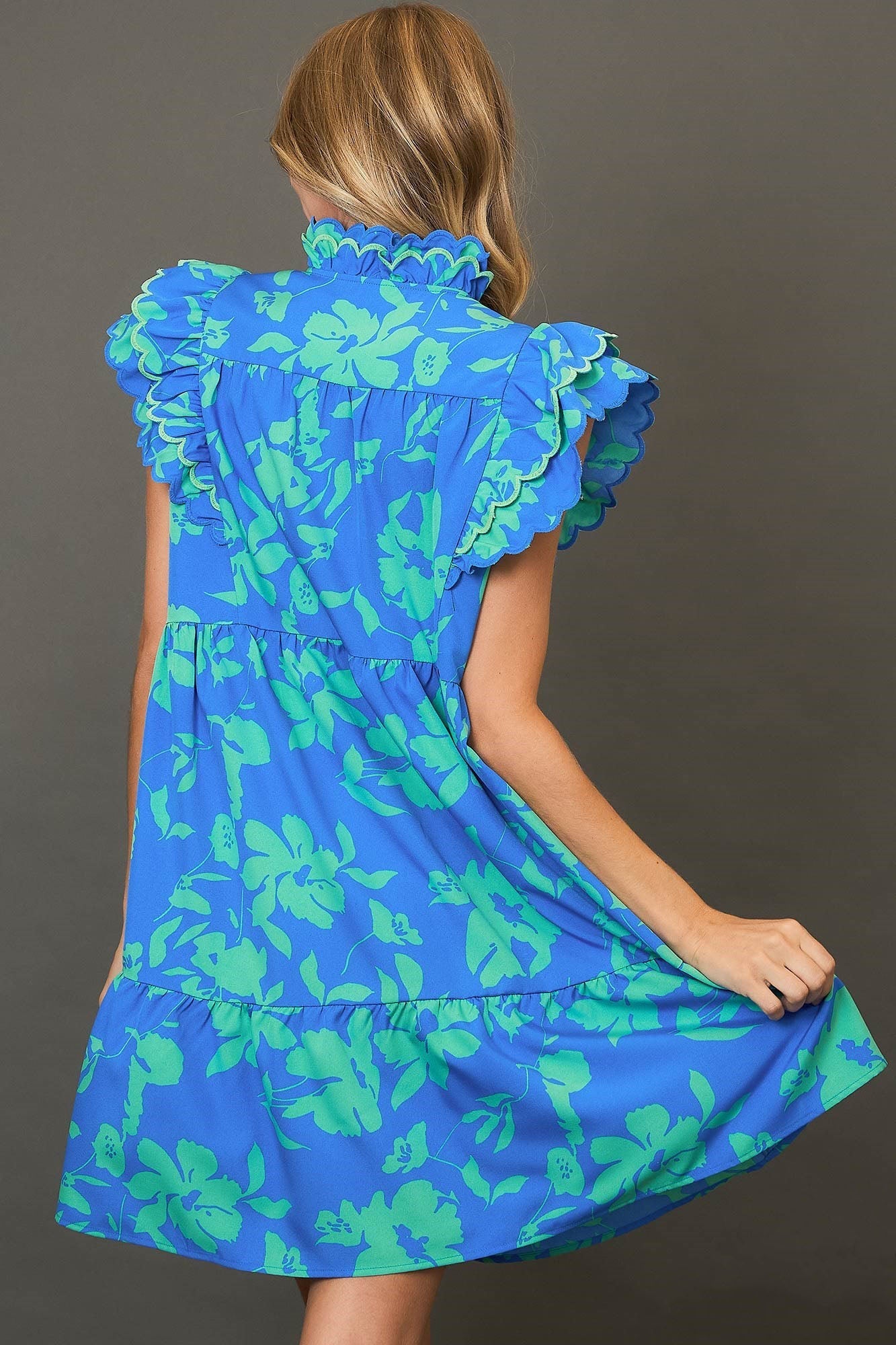 Robe Mini Imprimée Florale Bicolore Élégante Bleue