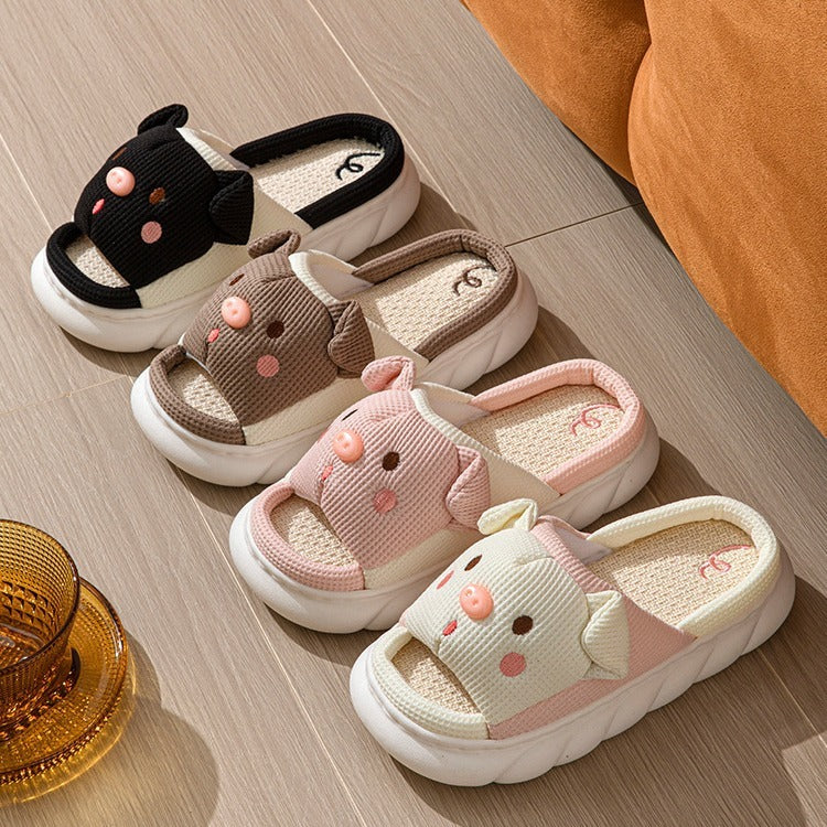 Piggy Cute Couple Open Toe Linen Cotton Linen Slippers - Korvel