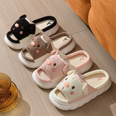 Piggy Cute Couple Open Toe Linen Cotton Linen Slippers - Korvel