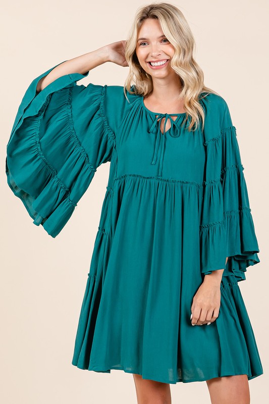 Chic Frill Tie Neck Bell Sleeve Dress for Women – A Perfect Blend of Elegance and Whimsy - Korvel