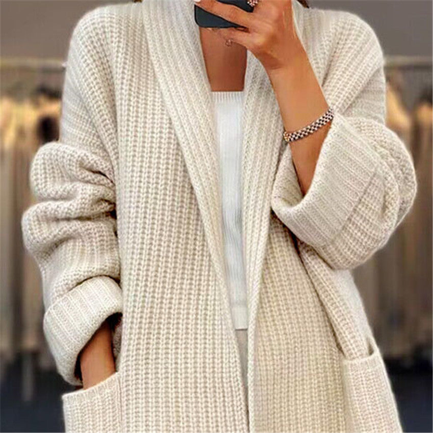 Lapel Knitted Cardigan with Pockets - Casual Women's Sweater