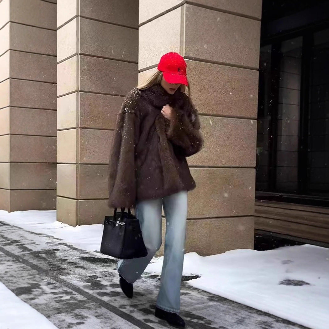 Manteau mi-long en fausse fourrure de renard pour femmes avec col style blazer