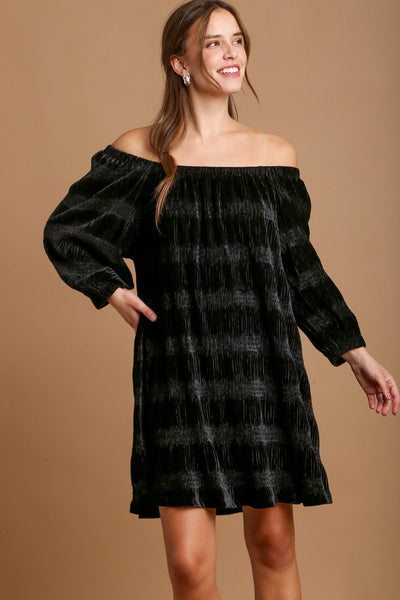 Robe Mini en Velours à Épaules Dégagées avec Manches Bouffantes