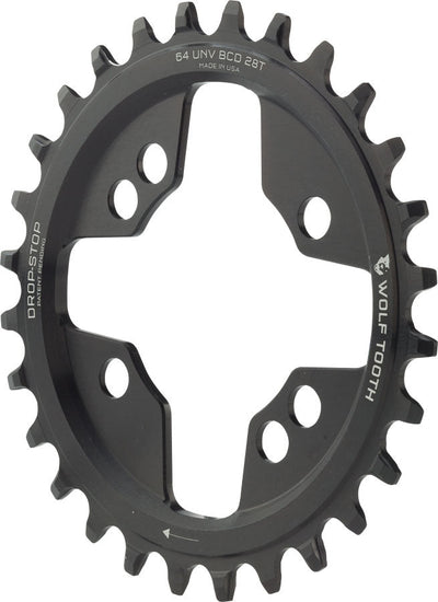 Plato de cadena Wolf Tooth 64 BCD - 28t Montaje universal Drop-Stop A Negro