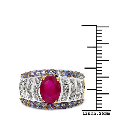 14K Yellow Gold Plated Ruby, Tanzanite & White Topaz Ring