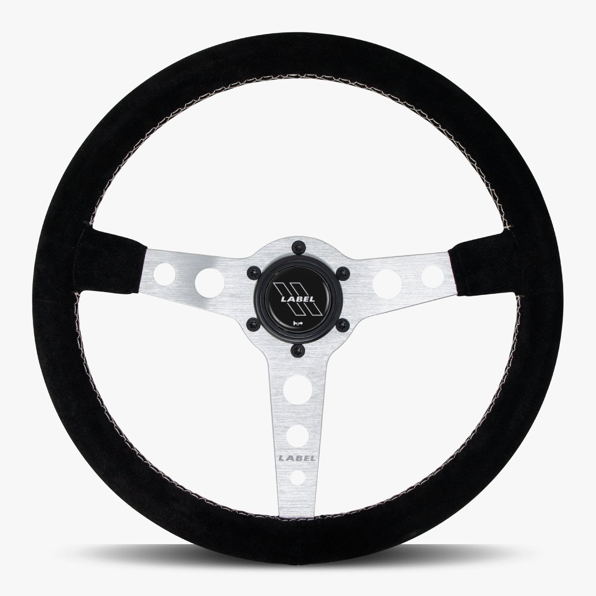 The Daytona Steering Wheel | Black Alcantara | Silver Spokes | White Stitching - Korvel