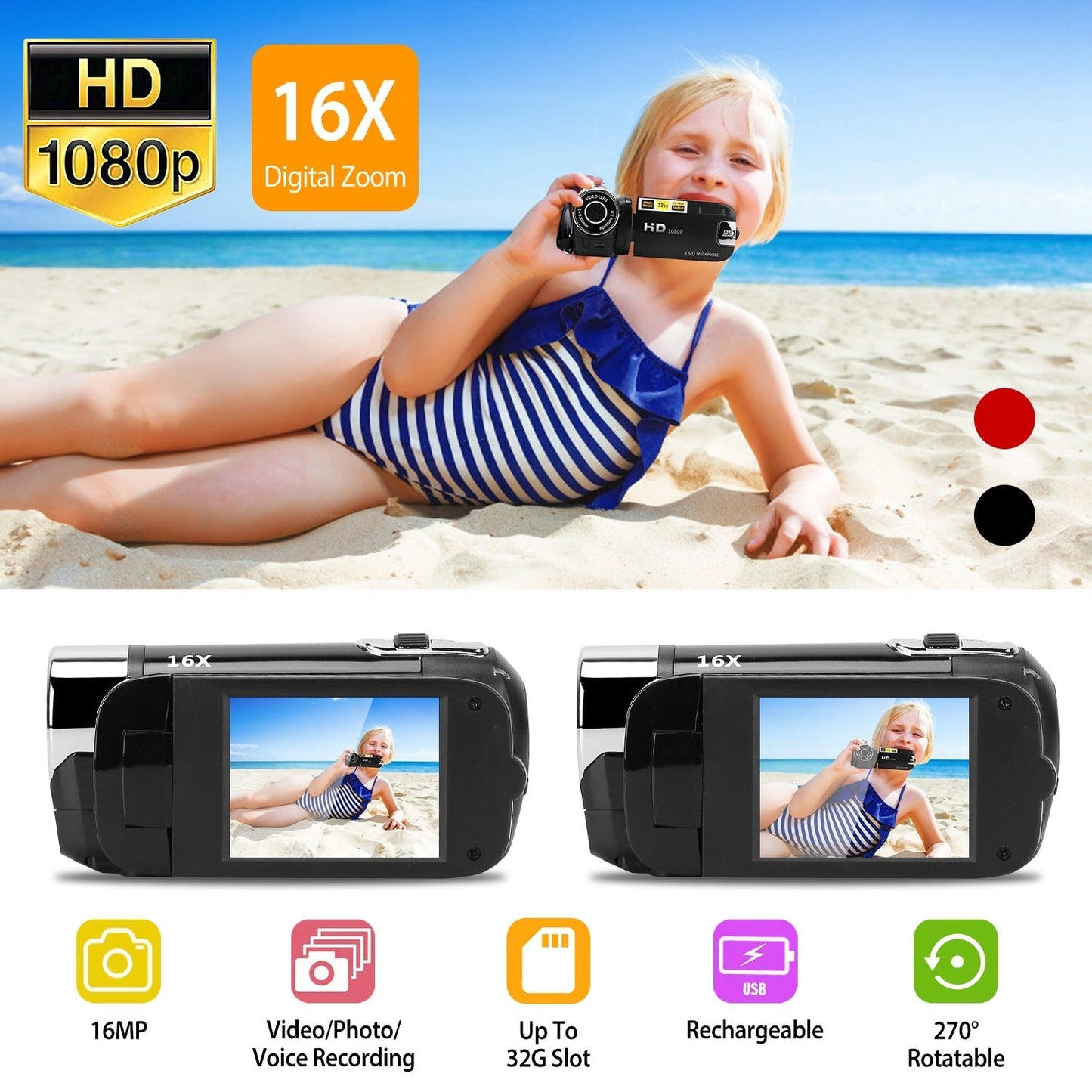 LJG HD 1080P Digital Video Camcorder with 16X Zoom