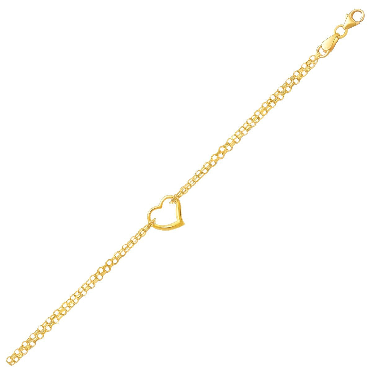 14k Yellow Gold Double Rolo Chain Anklet with Open Heart Station