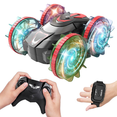 2 In 1 Amphibious RC Car Waterproof Stunt Car with Wrist Controller 4WD 360° Rotating Gesture Car with RGB Lights for Kids Aged 6+ Years Old Double-si - Korvel