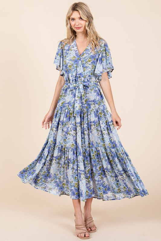 Floral Tie Waist Flutter Sleeve Tiered Dress for Women