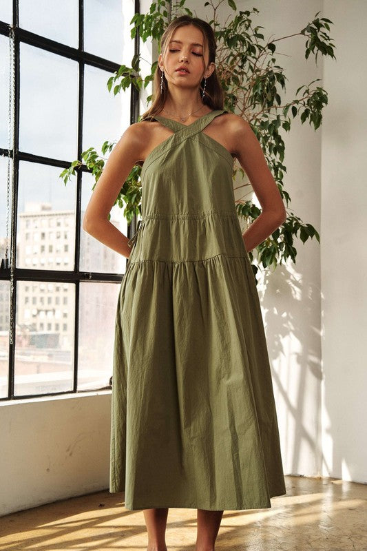 Robe midi chic à bretelles larges croisées pour femmes
