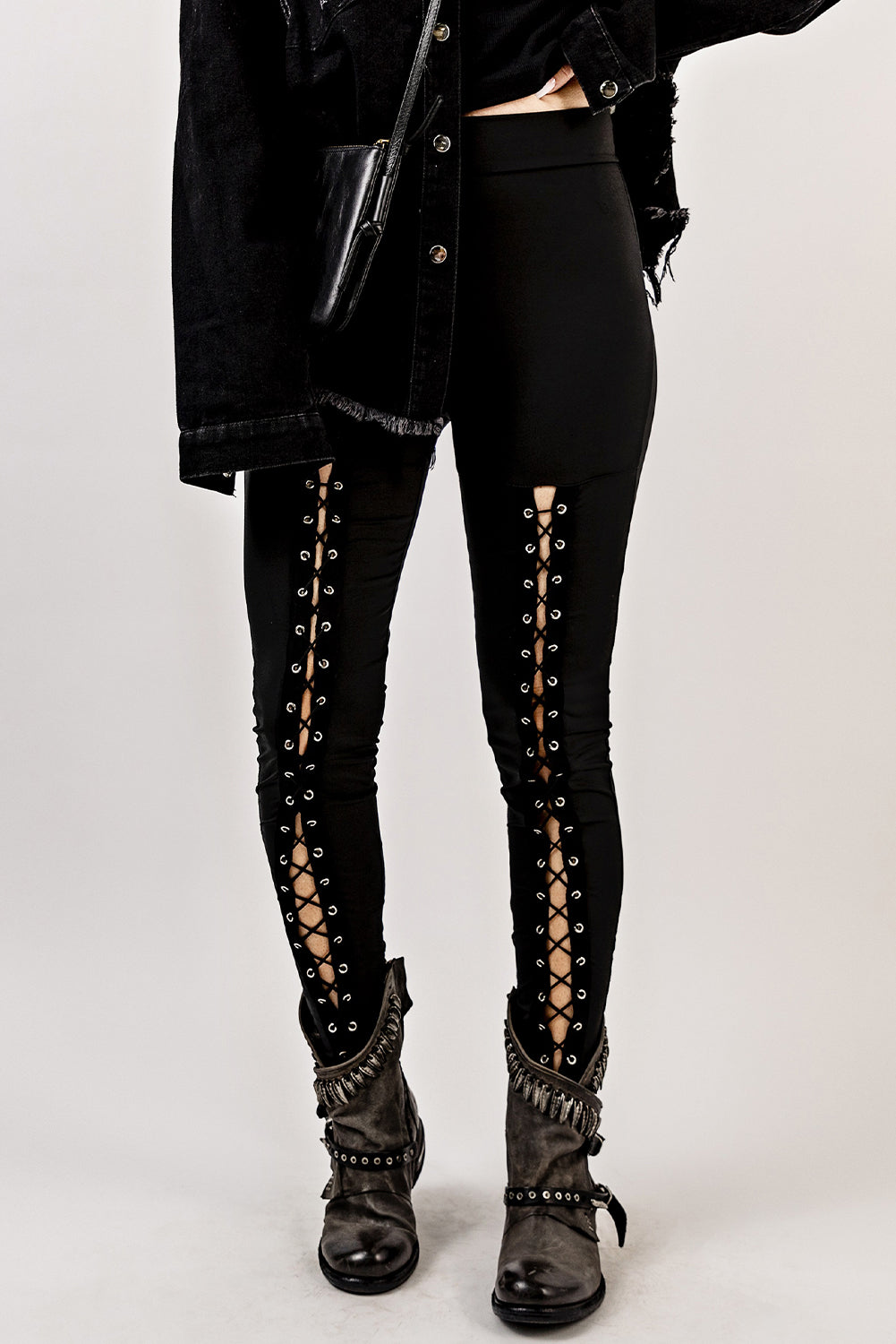 Black Grommet Lace Up Front Leggings - Korvel