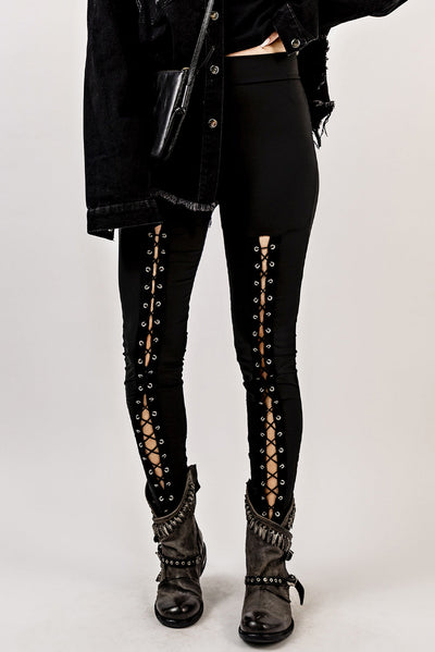 Black Grommet Lace Up Front Leggings - Korvel