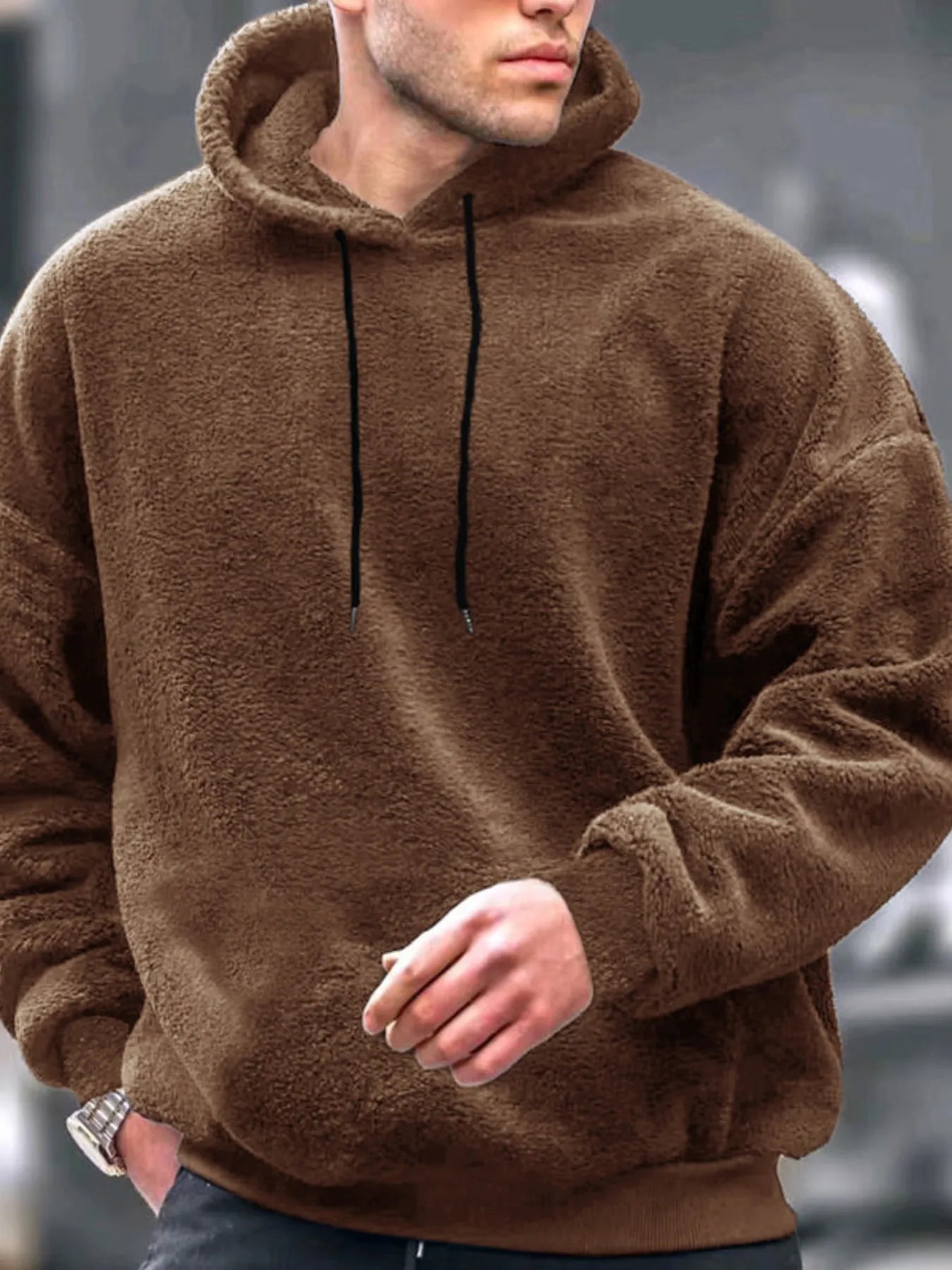 Hoodie en Fleece à Manches Longues avec Cordon de Serrage pour Homme