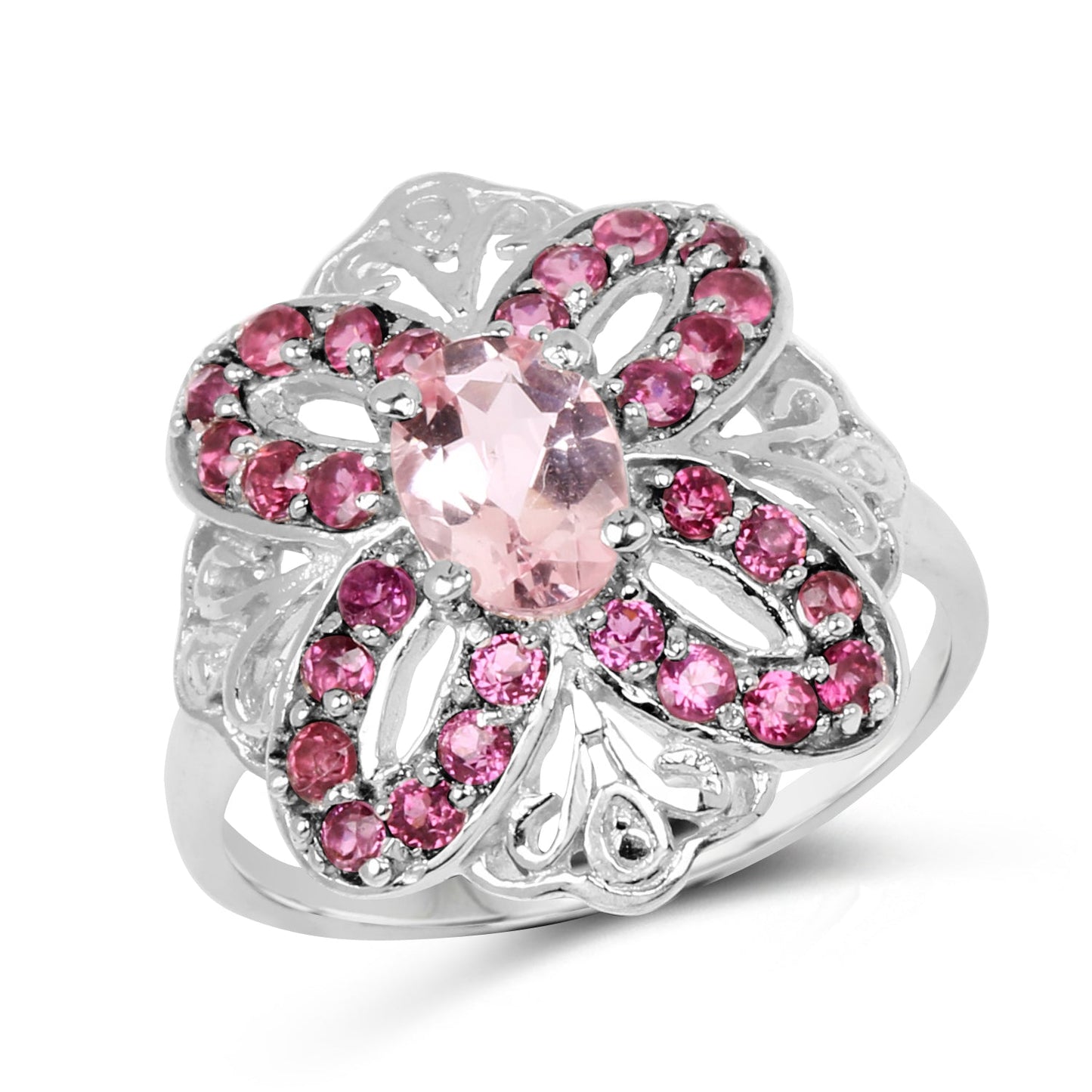 1.82 Carat Genuine Morganite & Rhodolite Sterling Silver Ring