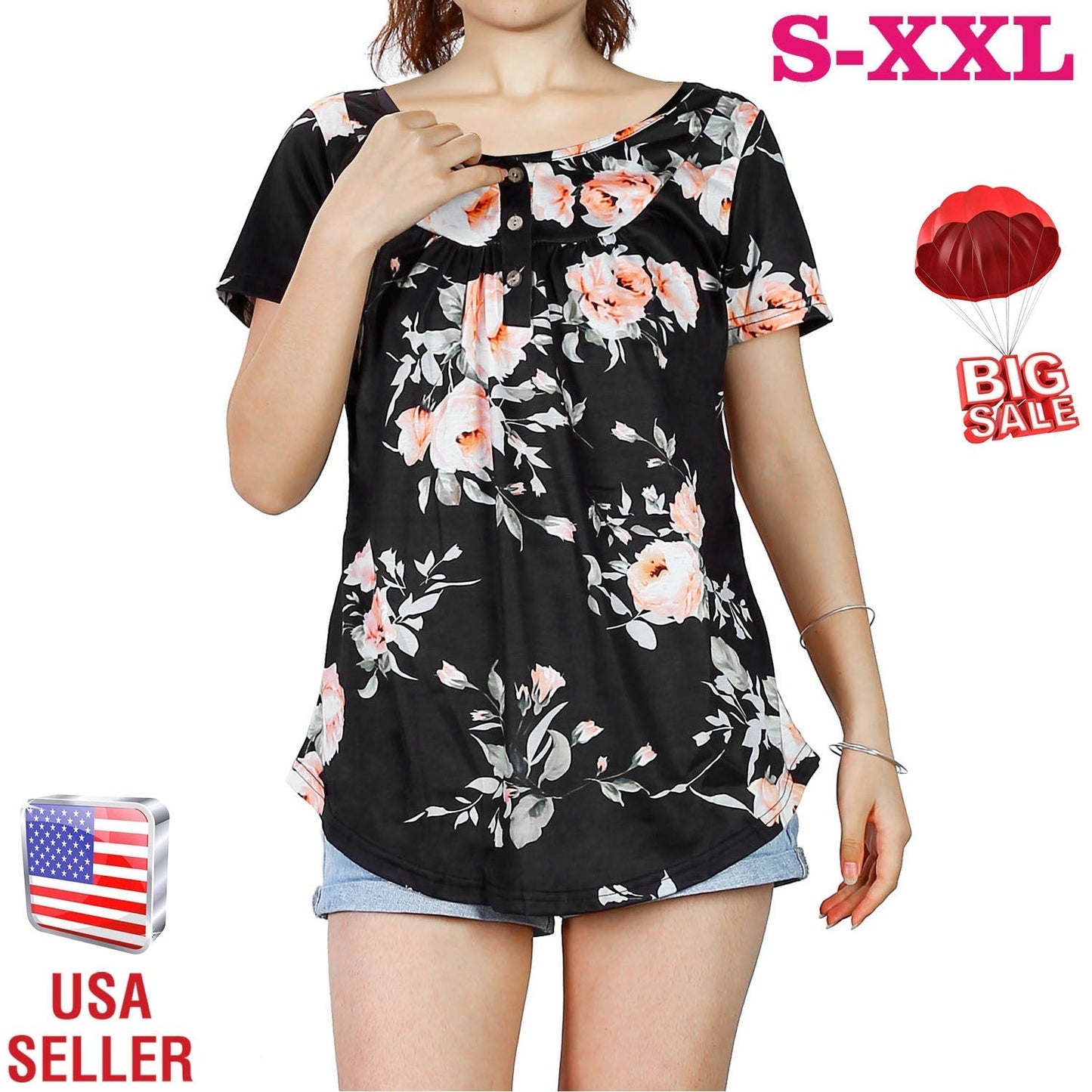 Women’s Floral Printed Summer Blouse - Short Sleeve Casual Top