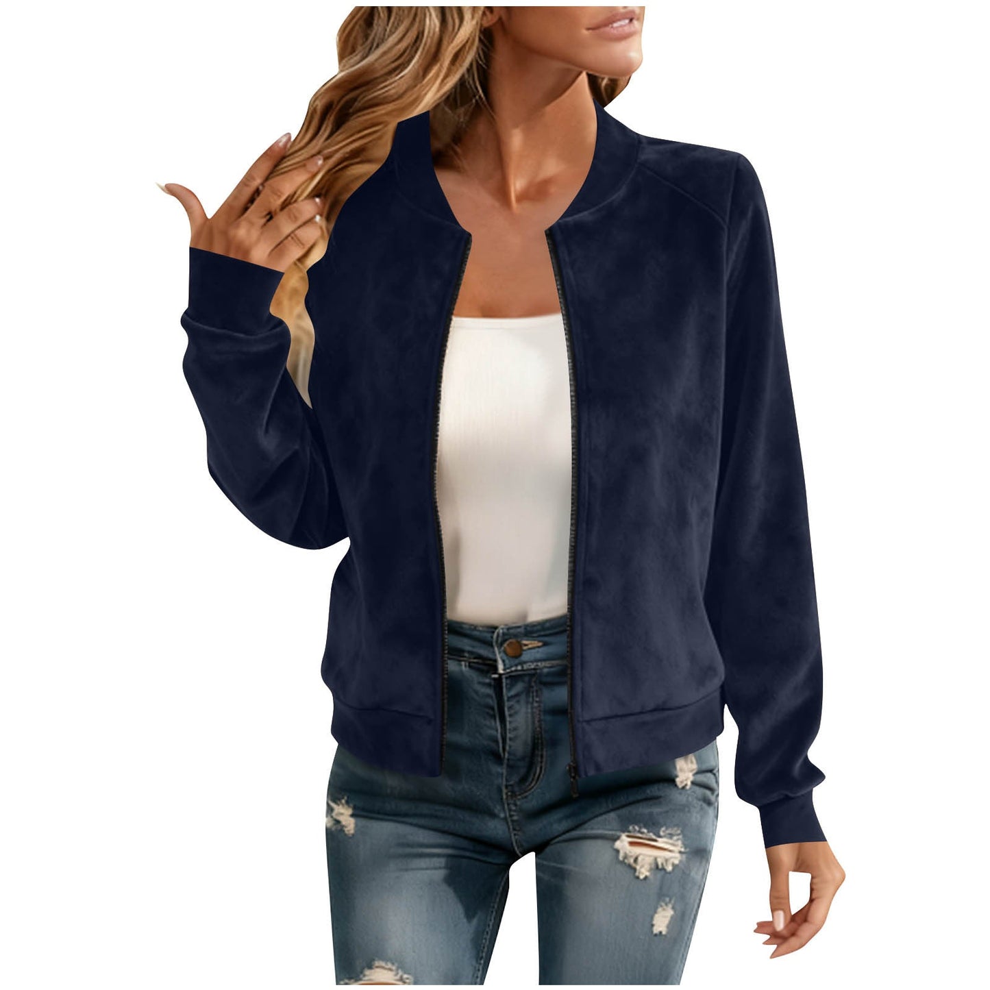 Elegant Round-neck Zip-up Deerskin-fleece Bomber Jacket