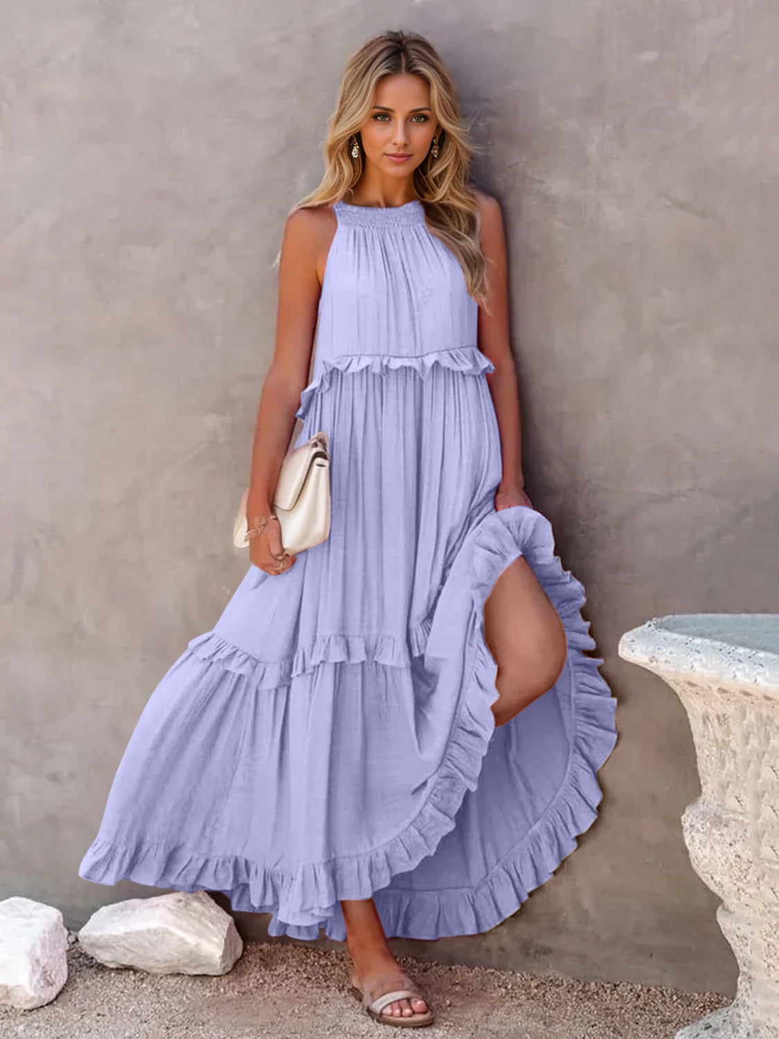 Elegant Ruffled Sleeveless Tiered Maxi Dress with Pockets