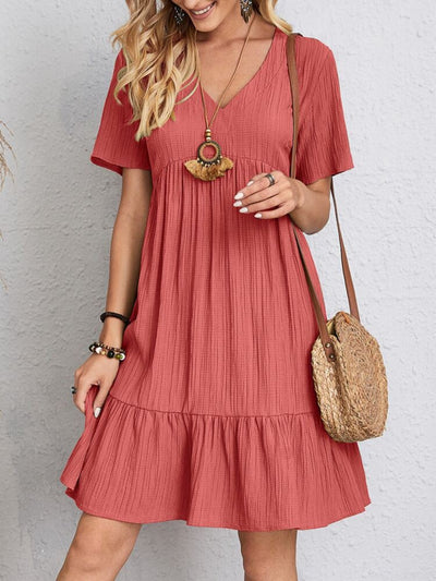 Classic V-Neck Short Sleeve Dress for Women
