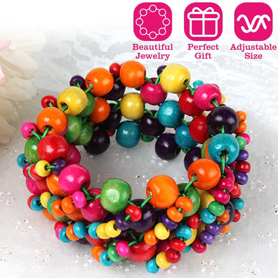 Vibrant Multi-Color Wooden Beaded Stretch Bracelet
