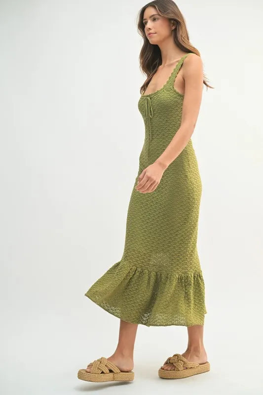 Elegant Ruffled Hem Sleeveless Crochet Knit Midi Dress