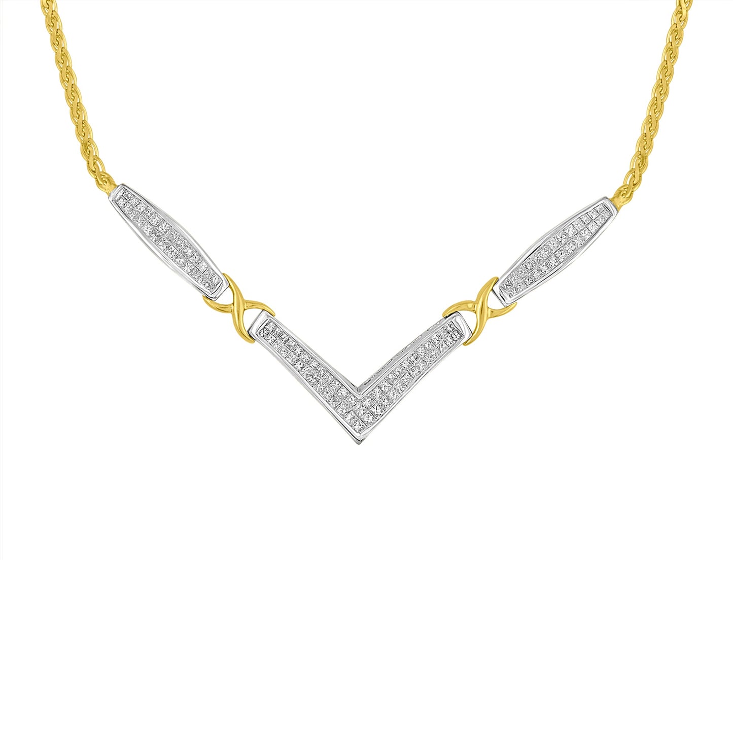 Collar de Cadena Franco en Forma de V con Diamantes de Oro de 14K