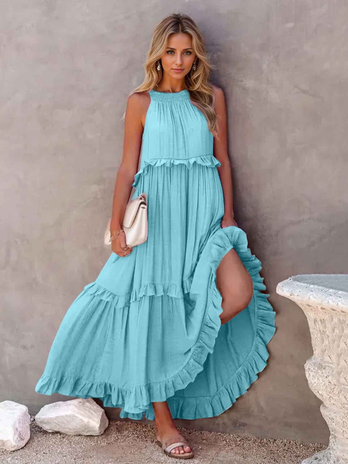 Elegant Ruffled Sleeveless Tiered Maxi Dress with Pockets
