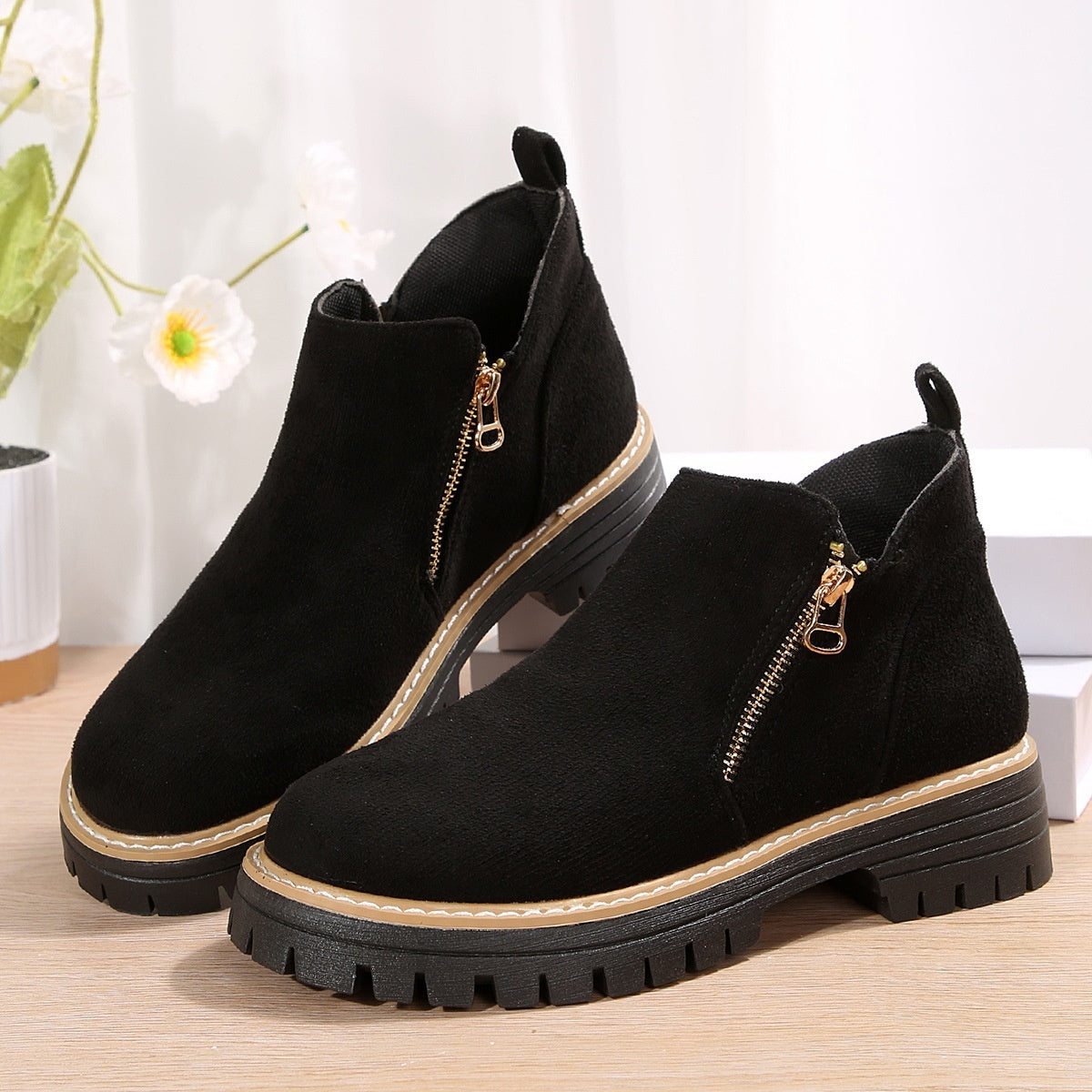 Botas de Tobillo de Ante Chic con Cremallera Lateral para Mujeres
