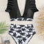 Elegant Black Ruffle V Neck High Waisted Bikini Set