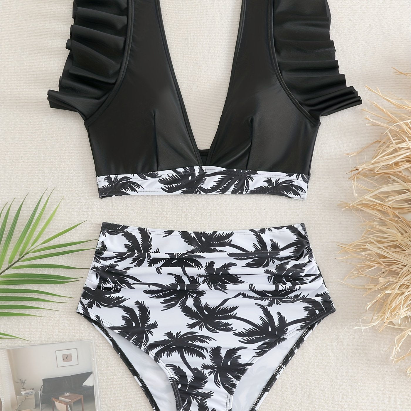 Elegant Black Ruffle V Neck High Waisted Bikini Set