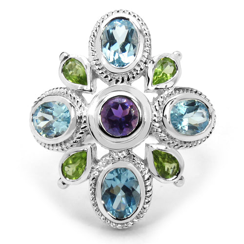 5.13 Carat Genuine Amethyst, Blue Topaz & Peridot Sterling Silver Ring